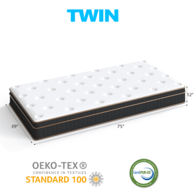 12 Inch Twin Mattress, Spring Mattress with Black-Gold Trim & White Surface, Medium Firm Support for Bedroom/Guesthouse
